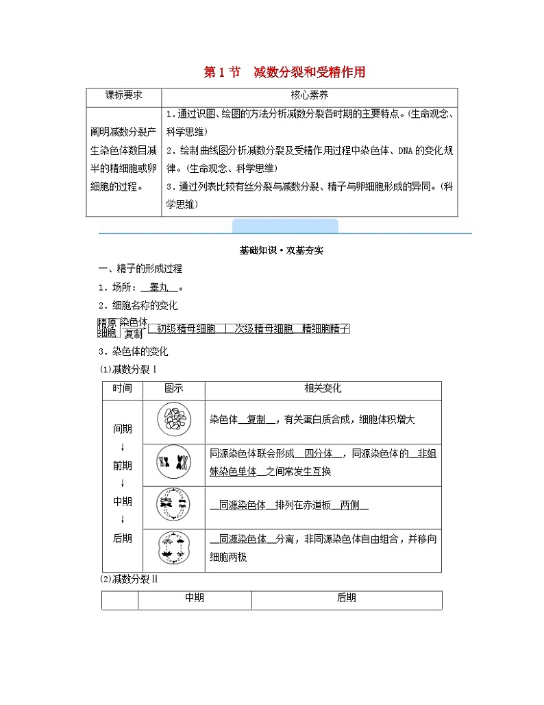 新教材2023年高中生物第2章基因和染色体的关系第1节减数分裂和受精作用学案新人教版必修201