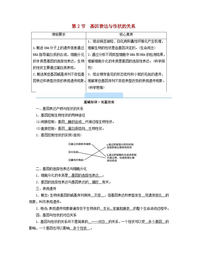 新教材2023年高中生物第4章基因的表达第2节基因表达与性状的关系学案新人教版必修2第1页