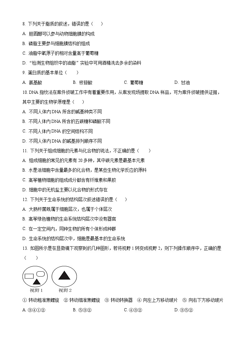 四川省达州外国语学校2023-2024学年高一上学期期中生物试题（Word版附解析）02
