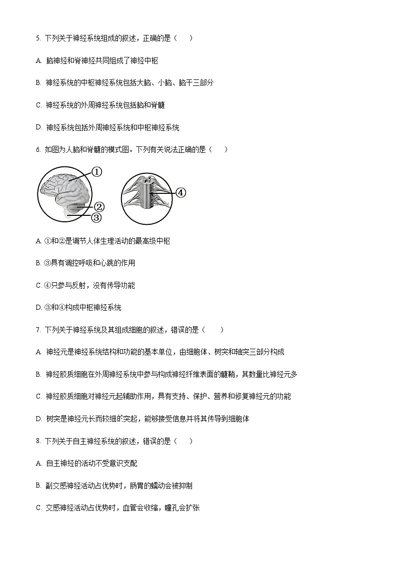 2023-2024学年甘肃省武威市凉州区高二上学期期中生物试题含答案02