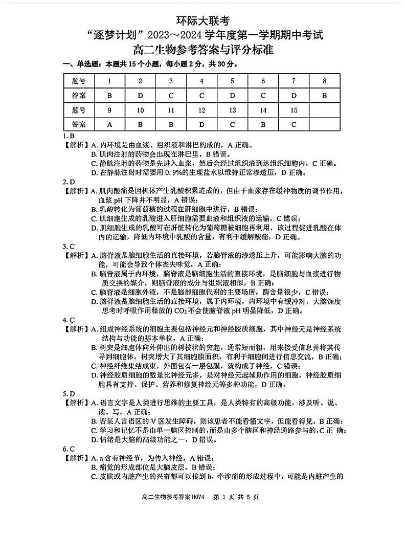2023-2024学年河南省环际大联考“逐梦计划”高二上学期期中考试生物试题含答案01