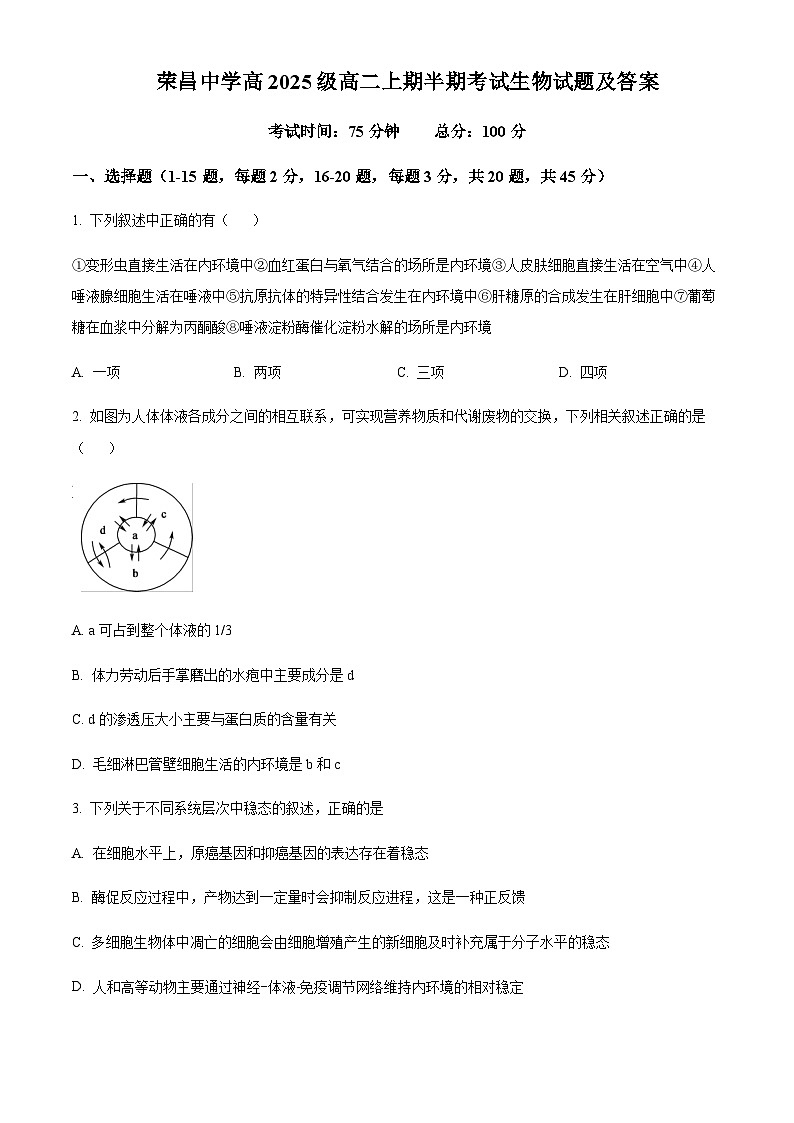 2023-2024学年重庆市荣昌中学高二上学期期中生物试题含答案01