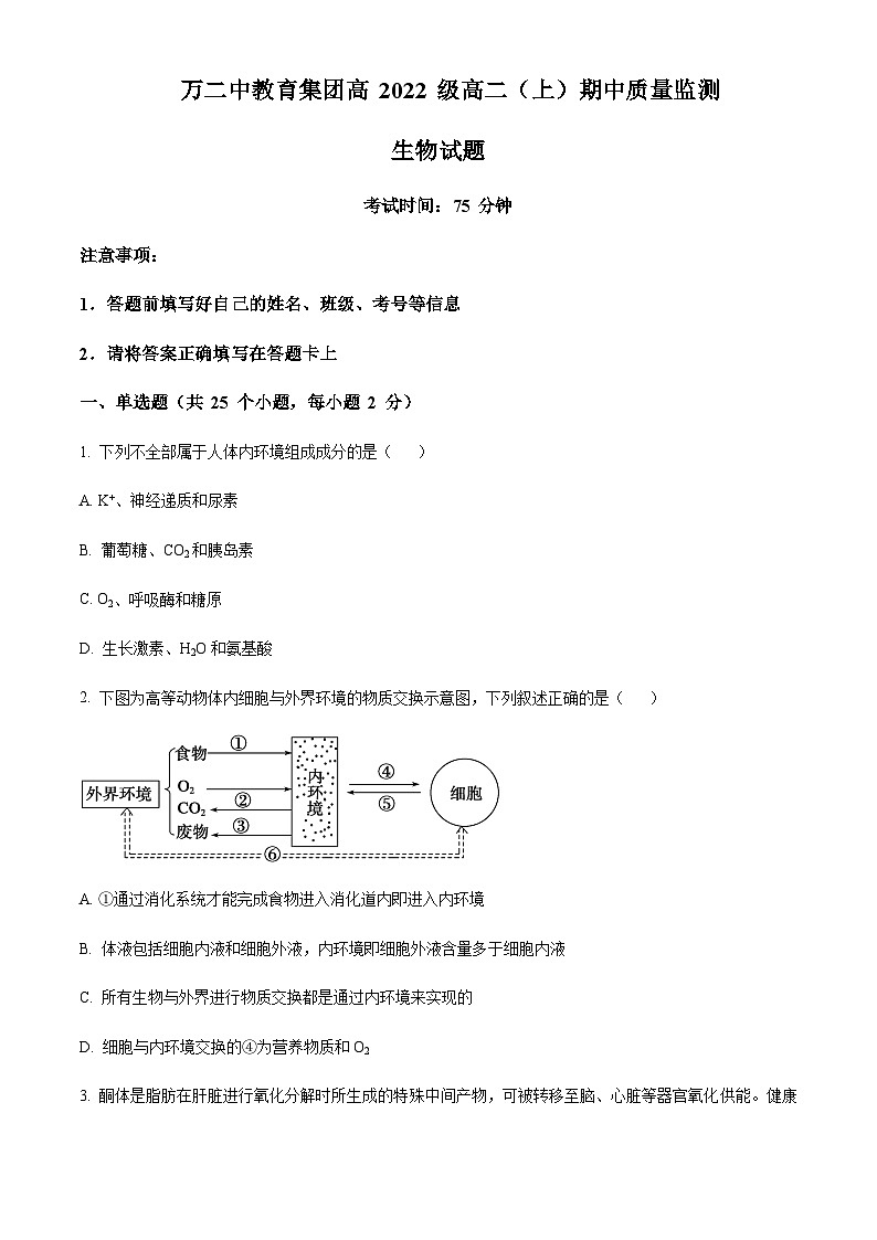 重庆市万州第二高级中学2023-2024学年高二上学期期中生物试题（原卷版）第1页