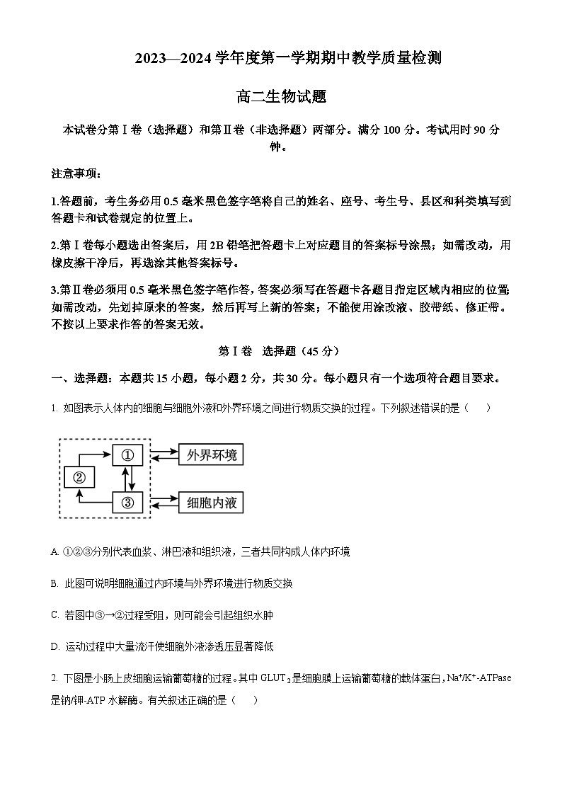 山东省聊城市2023-2024学年高二11月期中生物试题（含答案）第1页