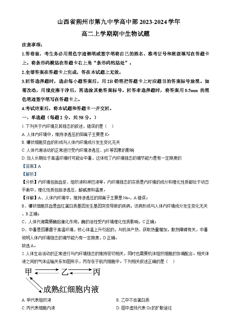 2023-2024学年山西省朔州市怀仁市第九中学高中部高二上学期11月期中生物试题含答案01