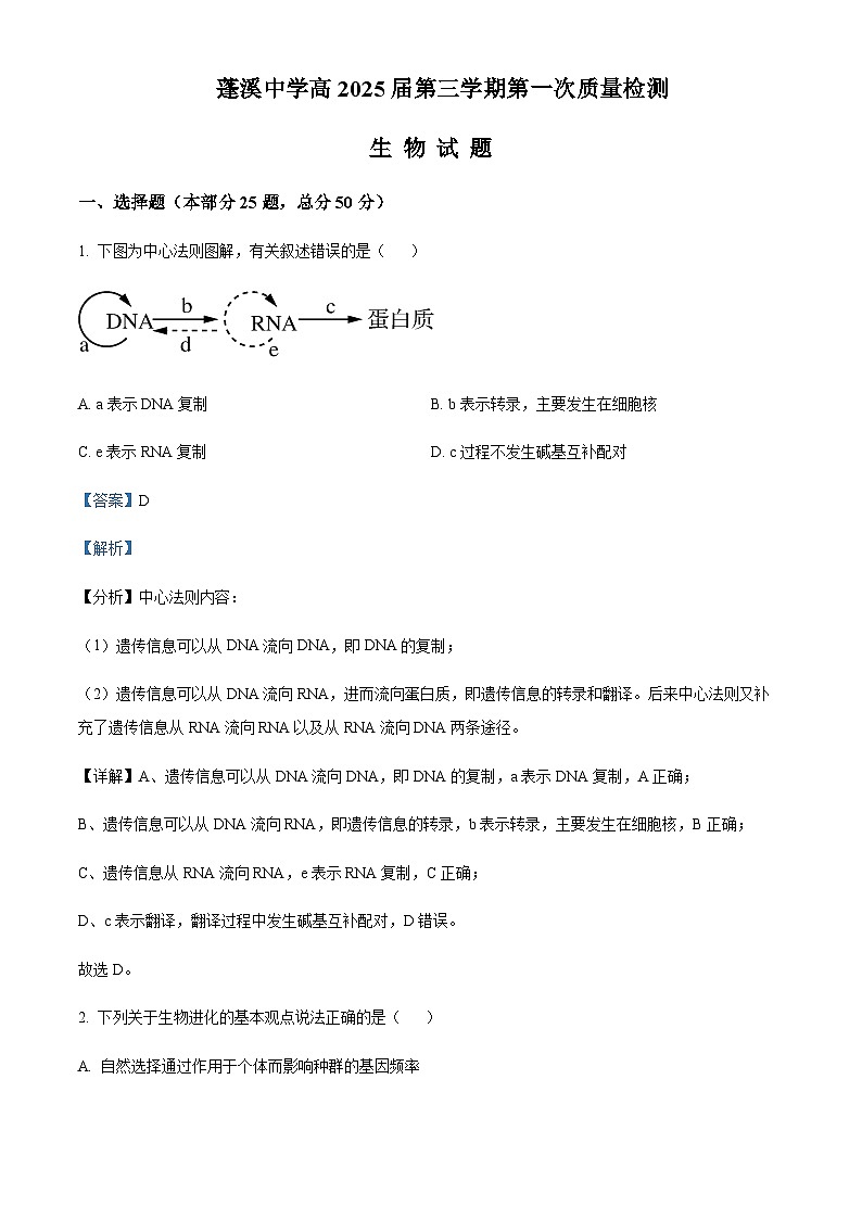 四川省遂宁市蓬溪中学校2023-2024学年高二上学期第一次质量检测生物试题 Word版含解析第1页
