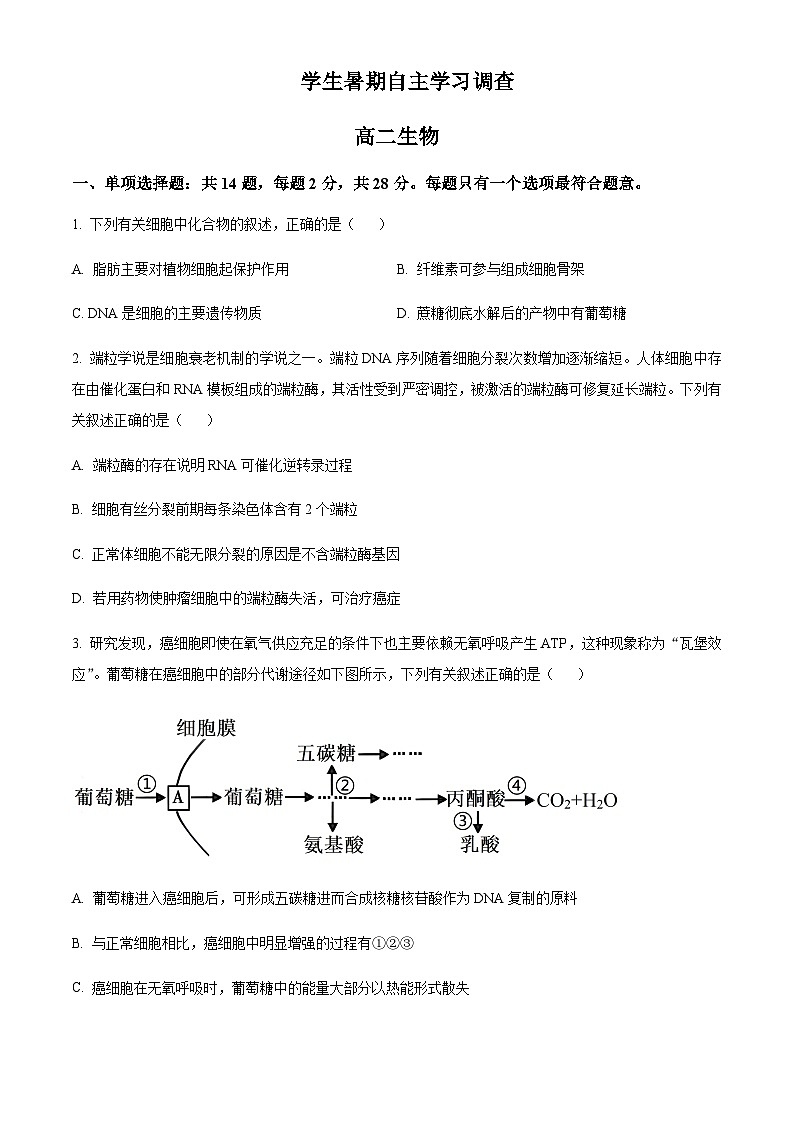 2023-2024学年江苏省常熟市高二上学期学生暑期自主学习调查生物试题含答案01