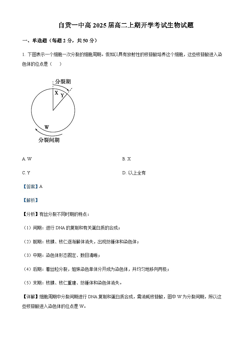 2023-2024学年四川省自贡市第一中学高二上学期开学考试生物试题含答案01