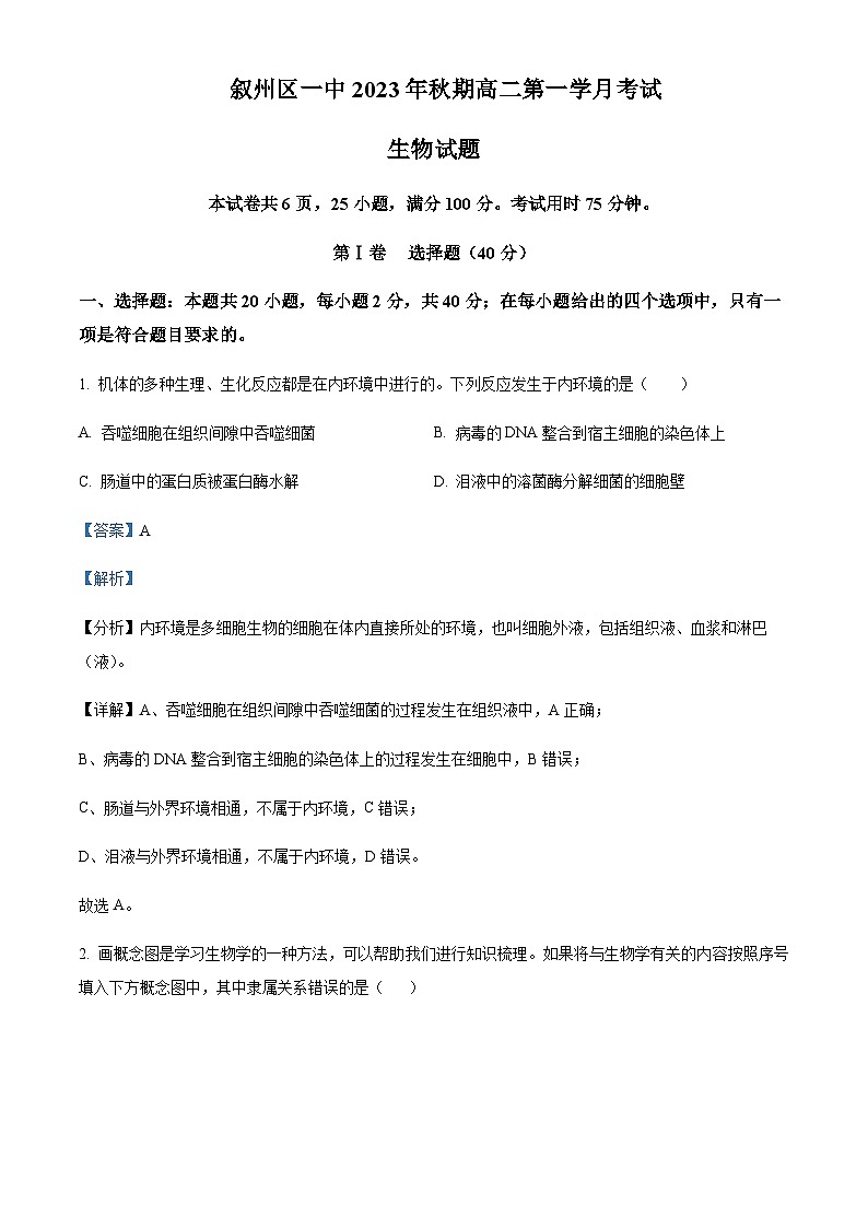 四川省宜宾市叙州区一中2023-2024学年高二10月月考生物试题 Word版含解析第1页