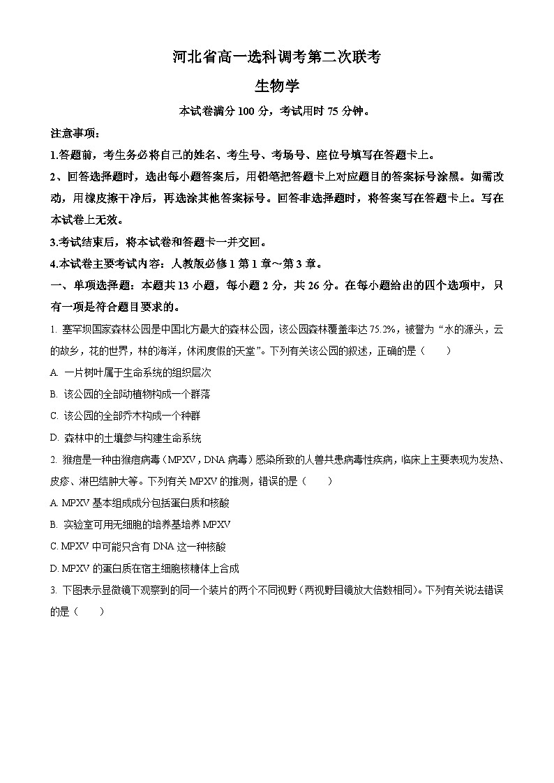 2024保定高一上学期选科调考第二次联考（期中）试题生物含答案01