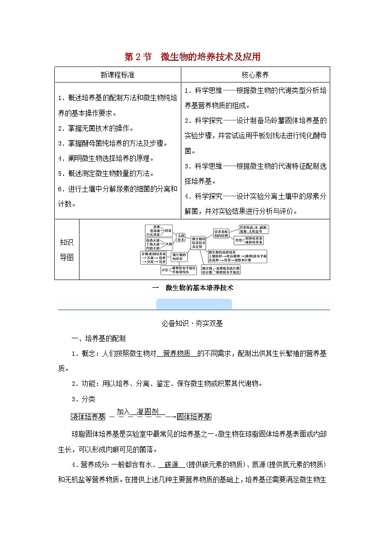 新教材2023年高中生物第1章发酵工程第2节微生物的培养技术及应用1微生物的基本培养技术学案新人教版选择性必修301