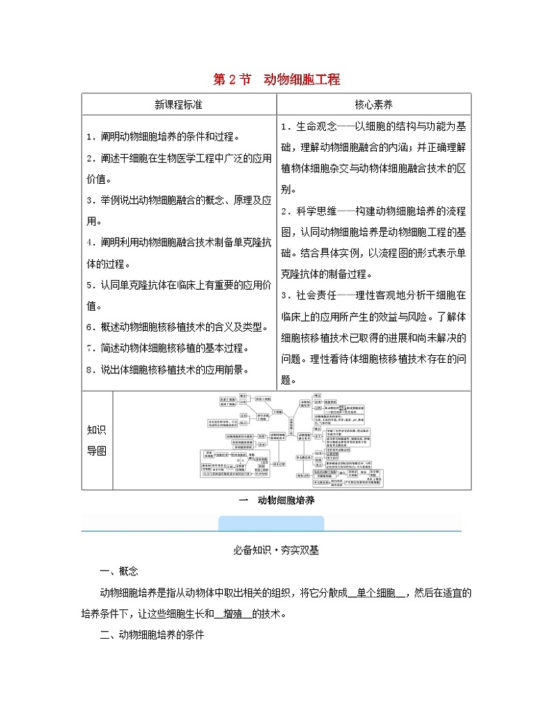 新教材2023年高中生物第2章细胞工程第2节动物细胞工程1动物细胞培养学案新人教版选择性必修301