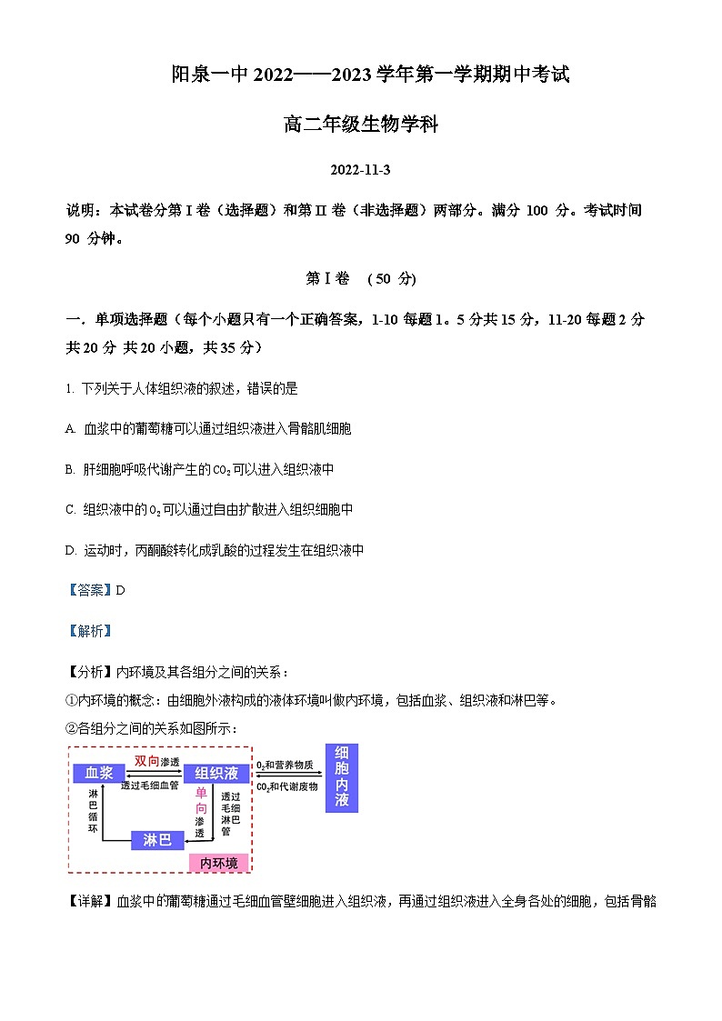 山西省阳泉市第一中学2022-2023学年高二上学期期中生物试题 Word版含解析第1页