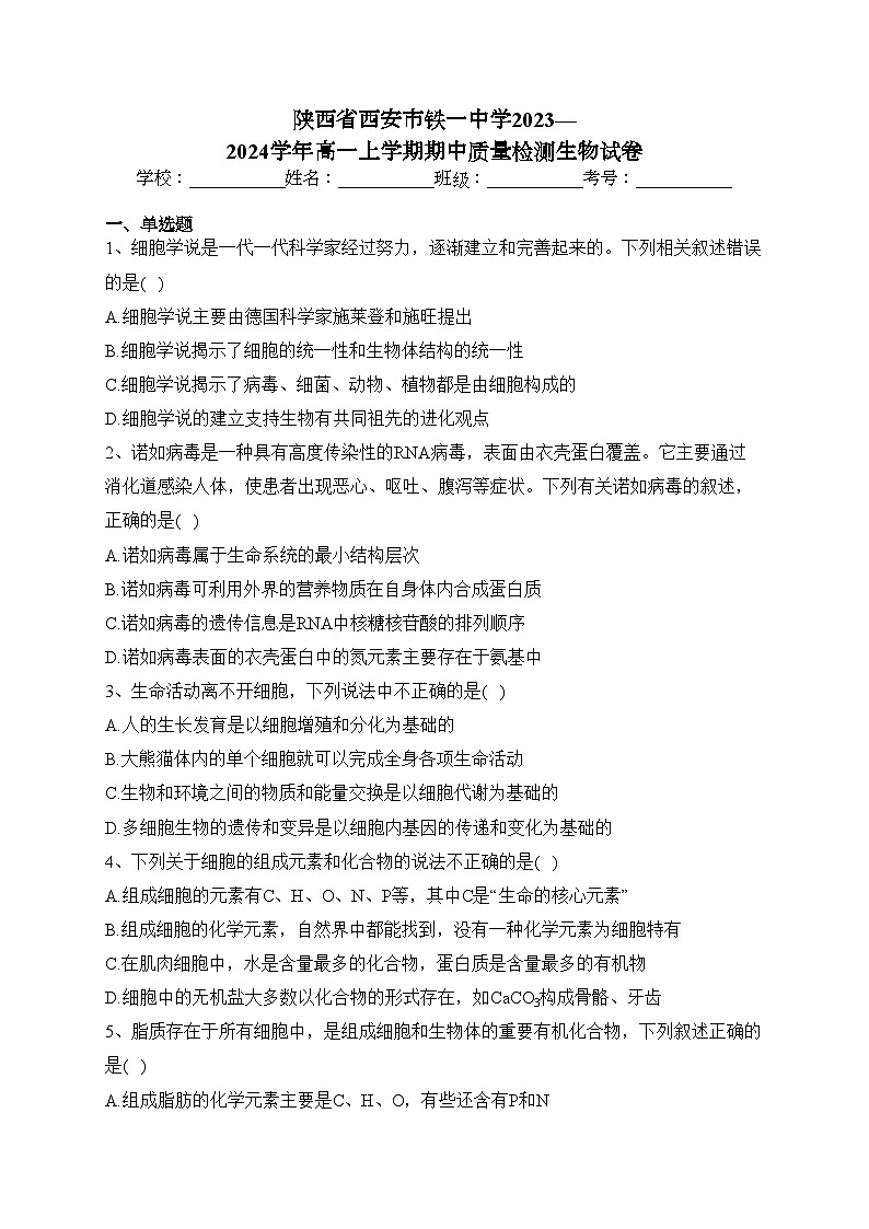 陕西省西安市铁一中学2023—2024学年高一上学期期中质量检测生物试卷(含答案)01