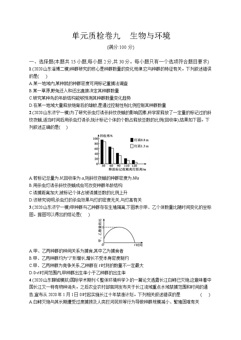 高中考试生物单元质检卷（九）——生物与环境第1页