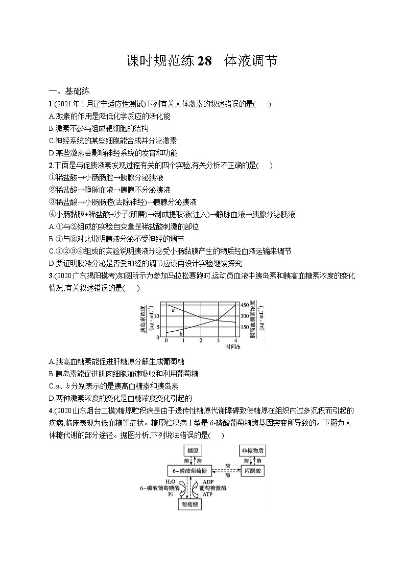 高中考试生物特训练习含答案——体液调节第1页