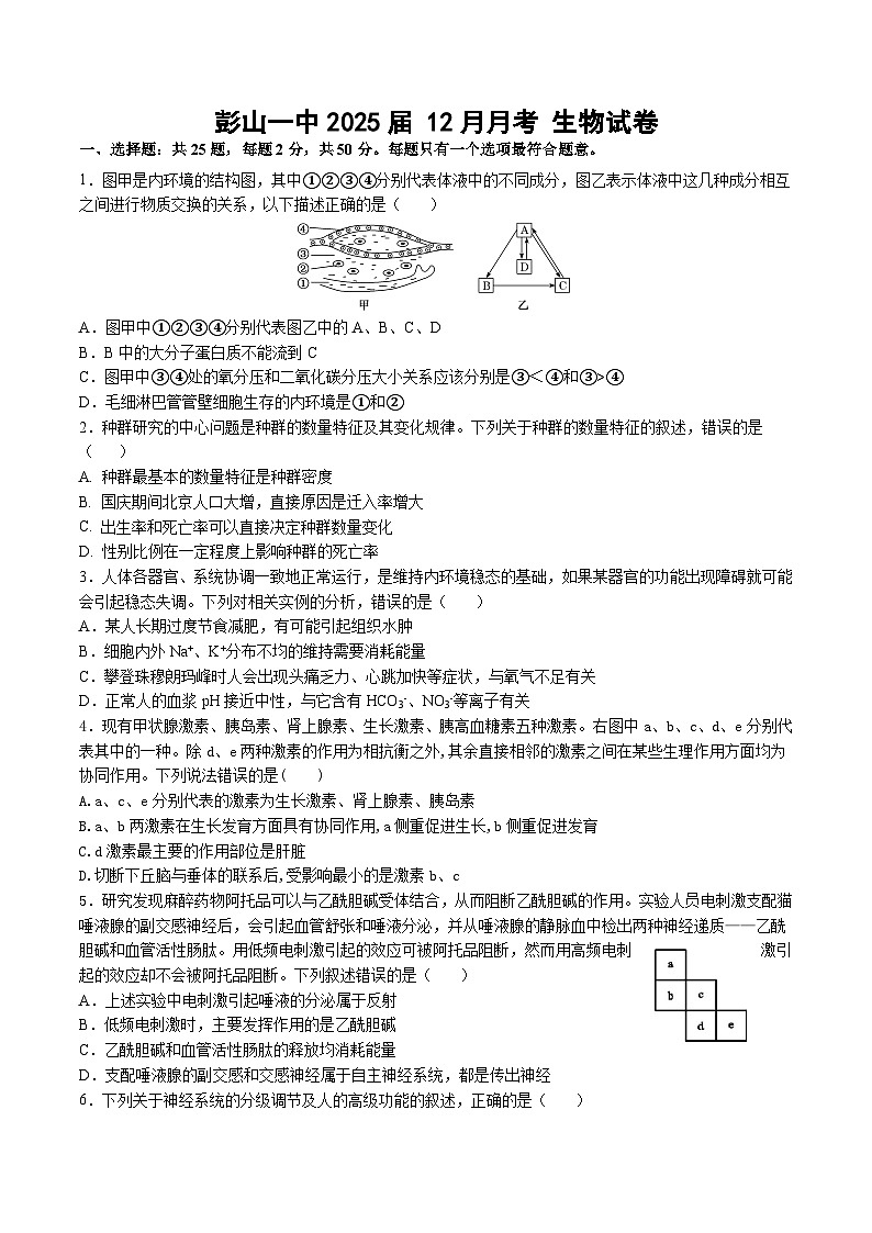 四川省眉山市彭山区第一中学2023-2024学年高二上学期12月月考生物试题01