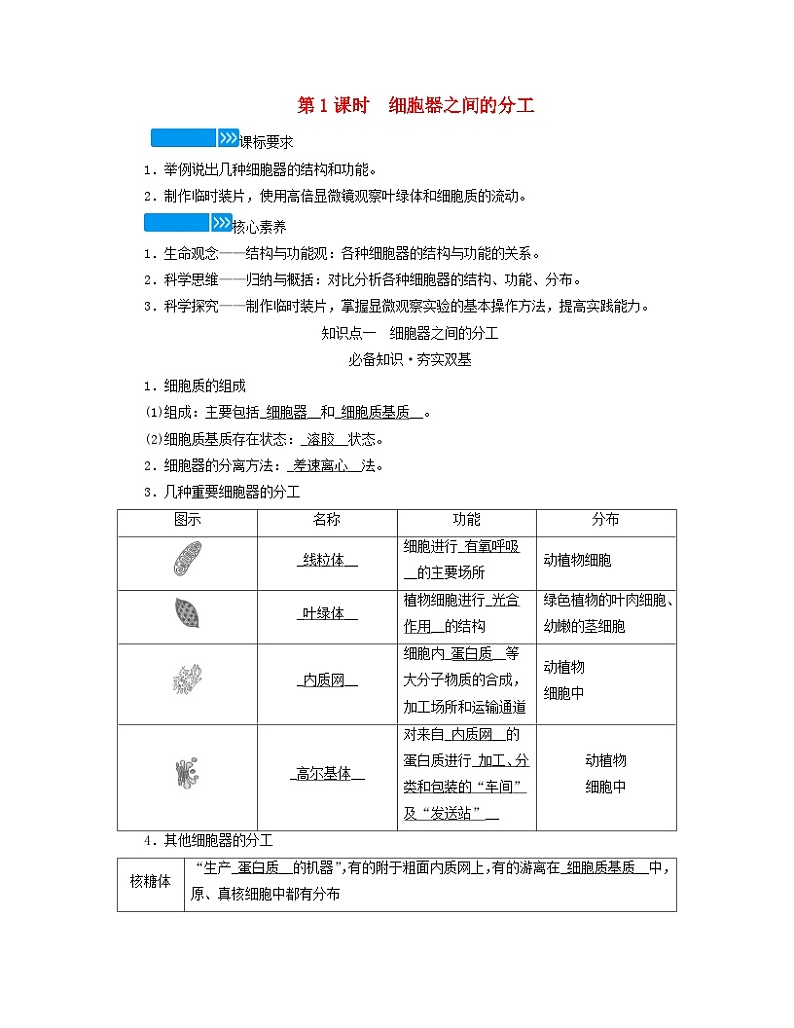 新教材适用2023_2024学年高中生物第3章细胞的基本结构第2节细胞器之间的分工合作第1课时细胞器之间的分工学案新人教版必修101