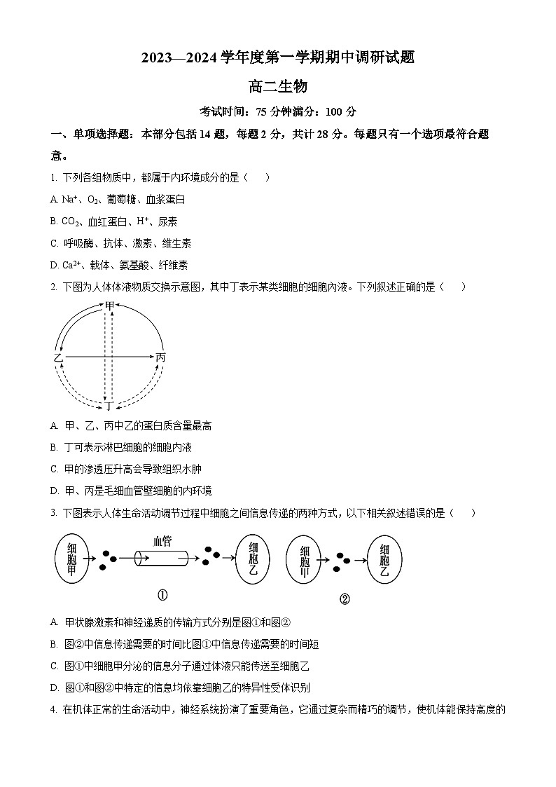 2024扬州邗江区高二上学期期中生物含解析第1页