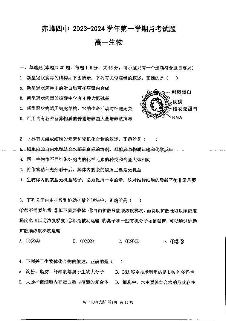 2024赤峰四中高一上学期12月期中考试生物PDF版含答案第1页