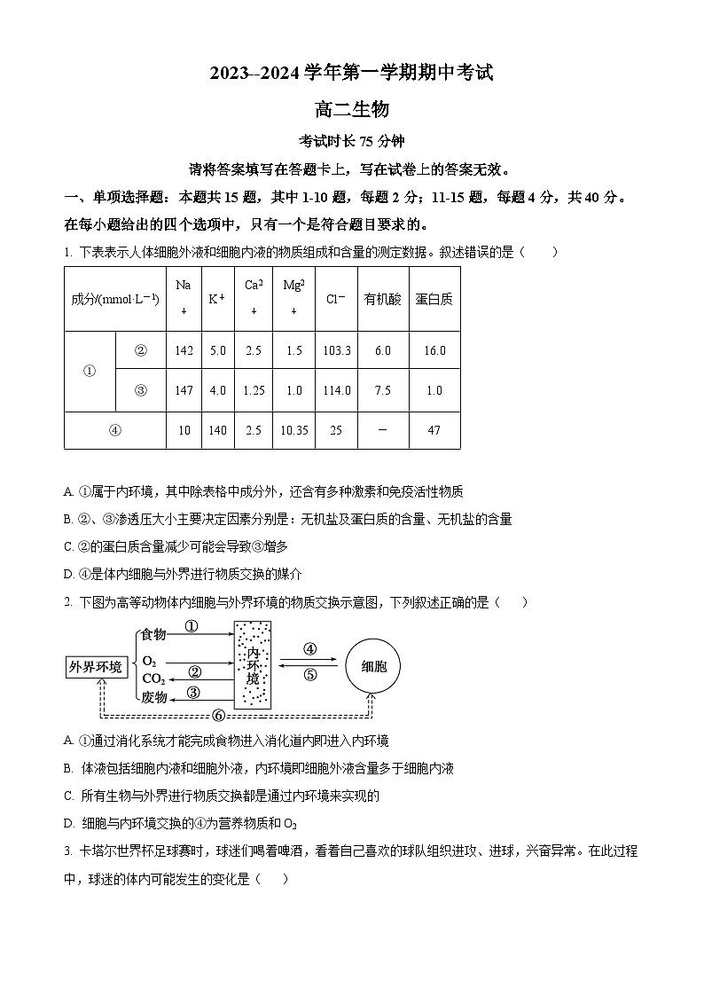 福建省厦门市湖滨中学2023-2024学年高二上学期期中生物试题（Word版附答案）01