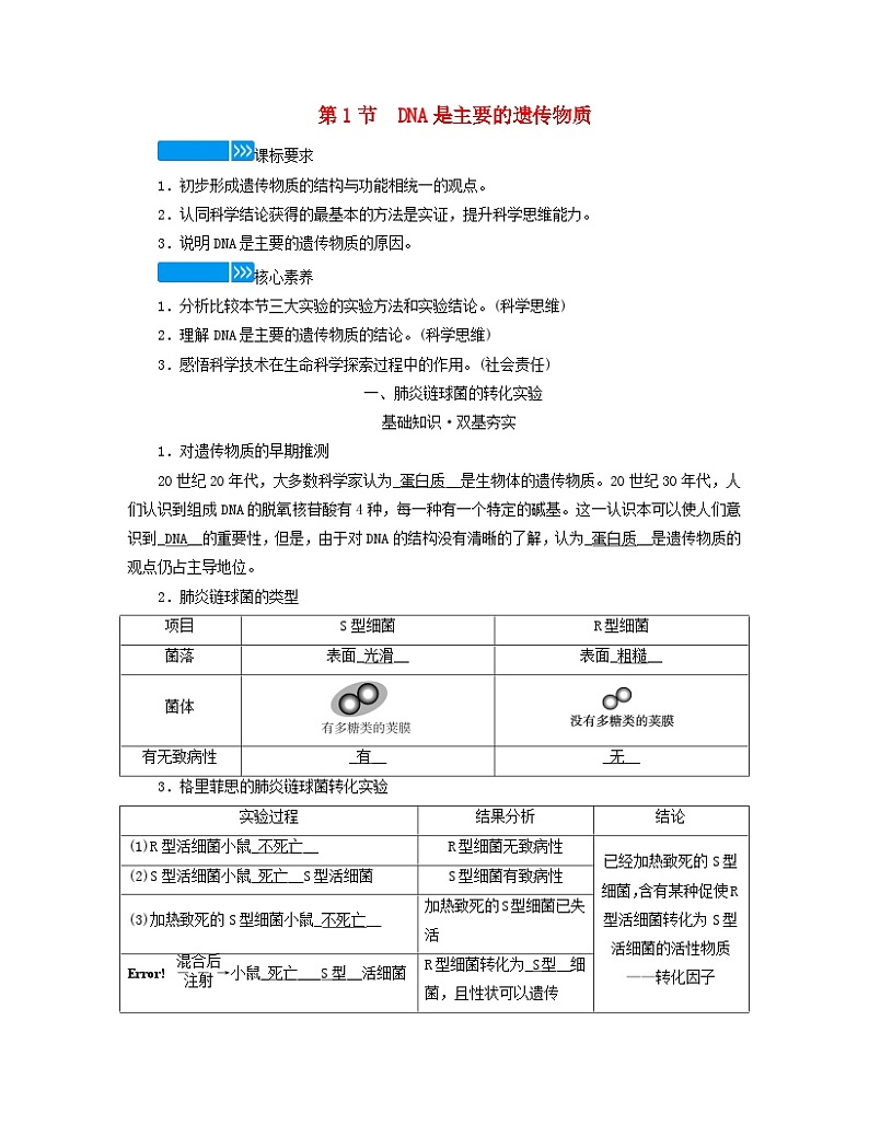 新教材适用2023_2024学年高中生物第3章基因的本质第1节DNA是主要的遗传物质学案新人教版必修201