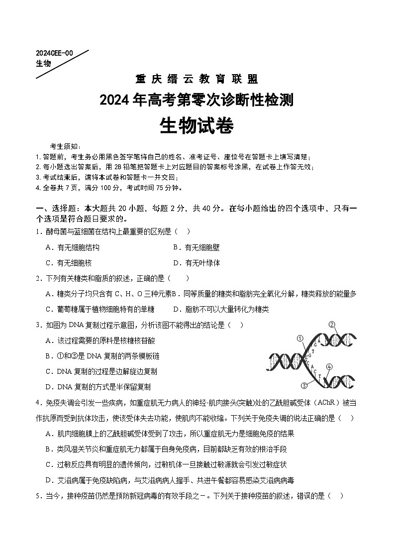 2024重庆北碚区缙云教育联盟高三上学期零诊试题生物含答案01