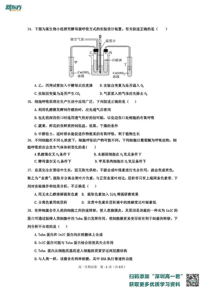 红岭中学2022-2023学年度第一学期第二学段考试高一生物期末考试试卷第3页
