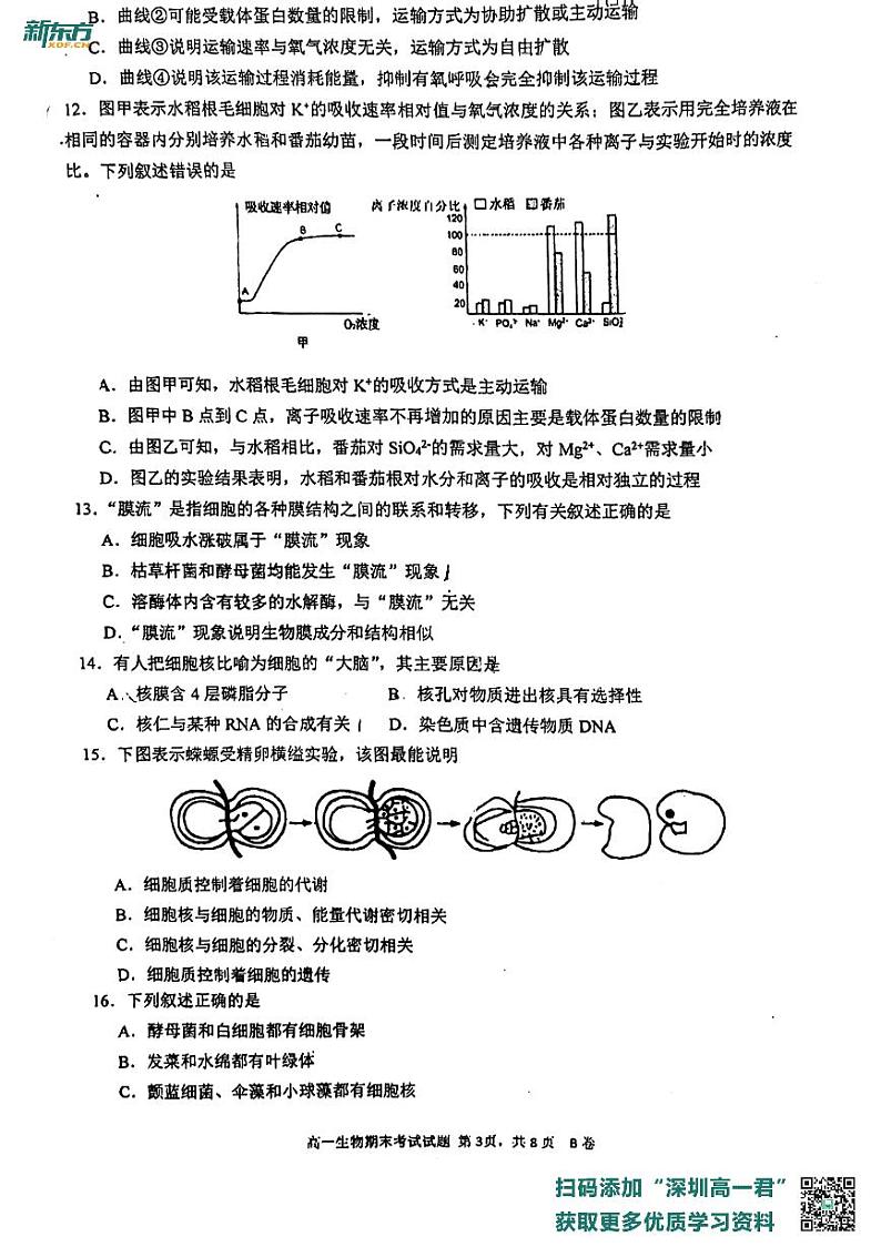 广东省深圳市罗湖区深圳中学2022-2023学年高一上学期2月期末生物试题第3页