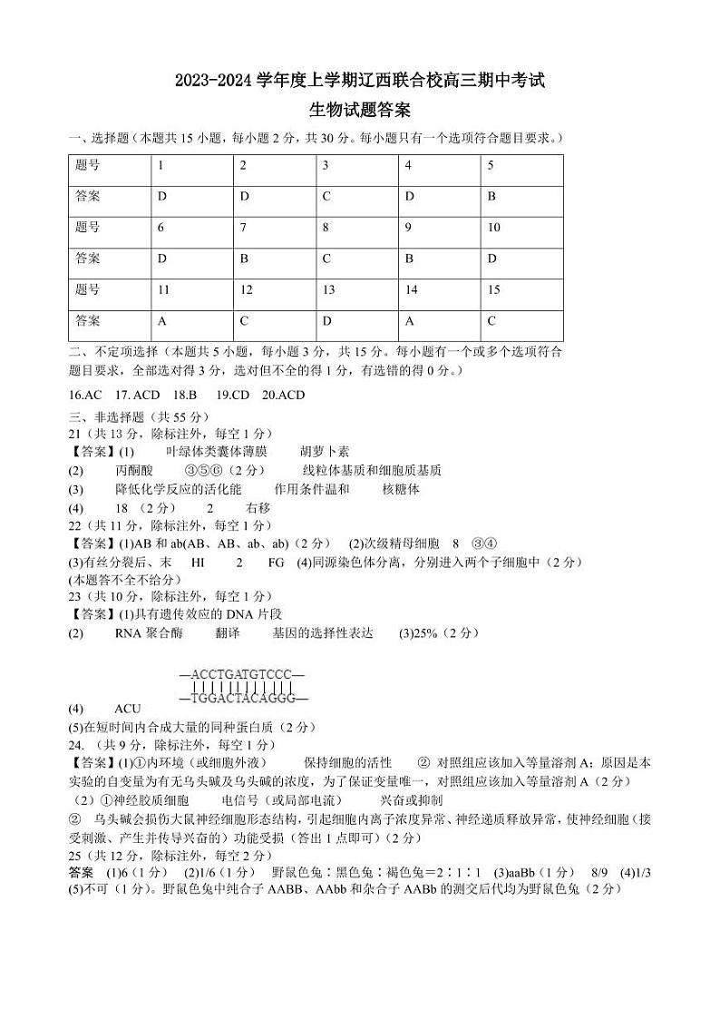 辽宁省辽西联合校2024届高三上学期期中考试生物01