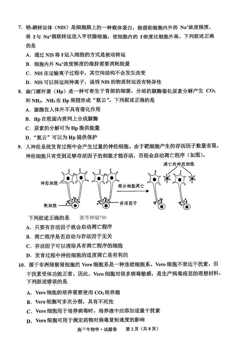 浙江省嘉兴市2024届高三上学期12月一模教学测试生物02