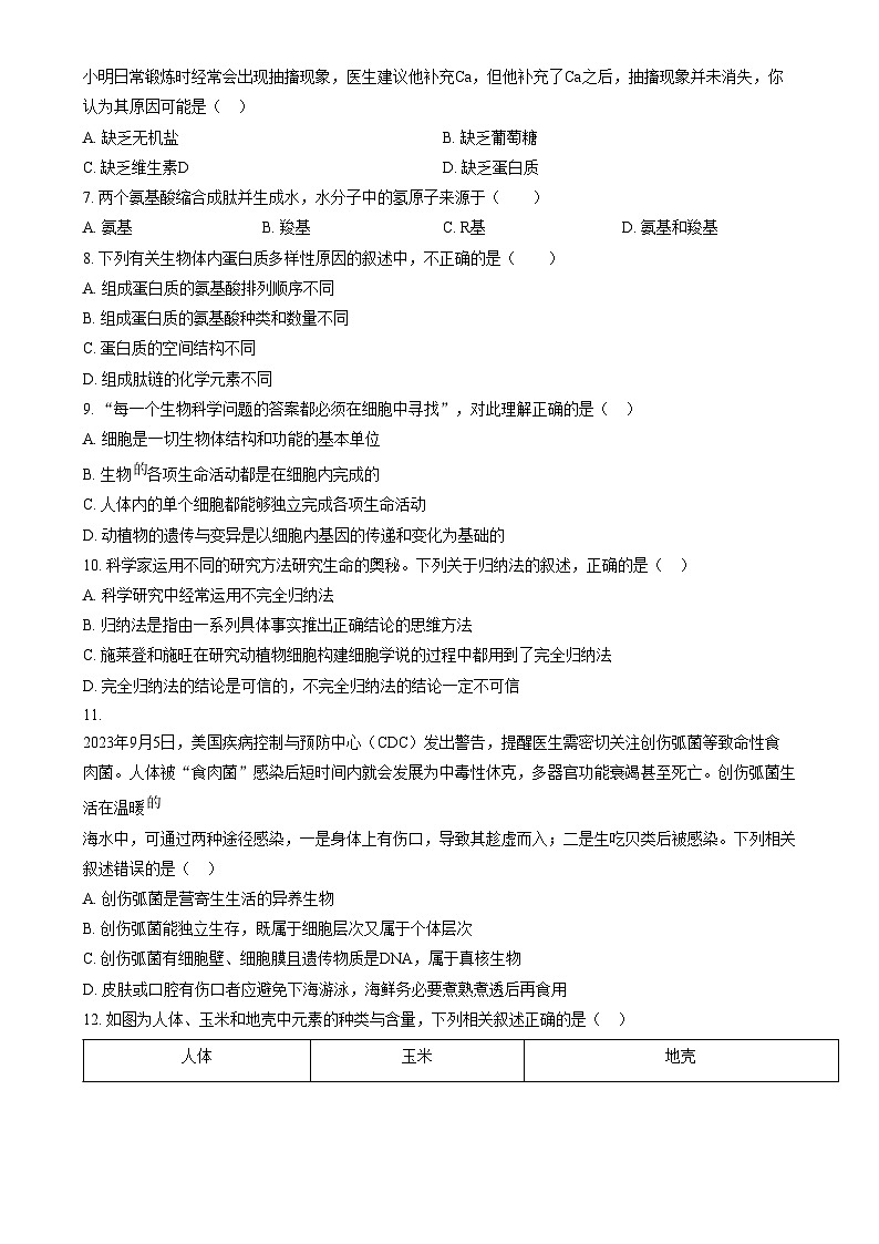 2024朔州怀仁九中高一上学期期中生物试题含解析02