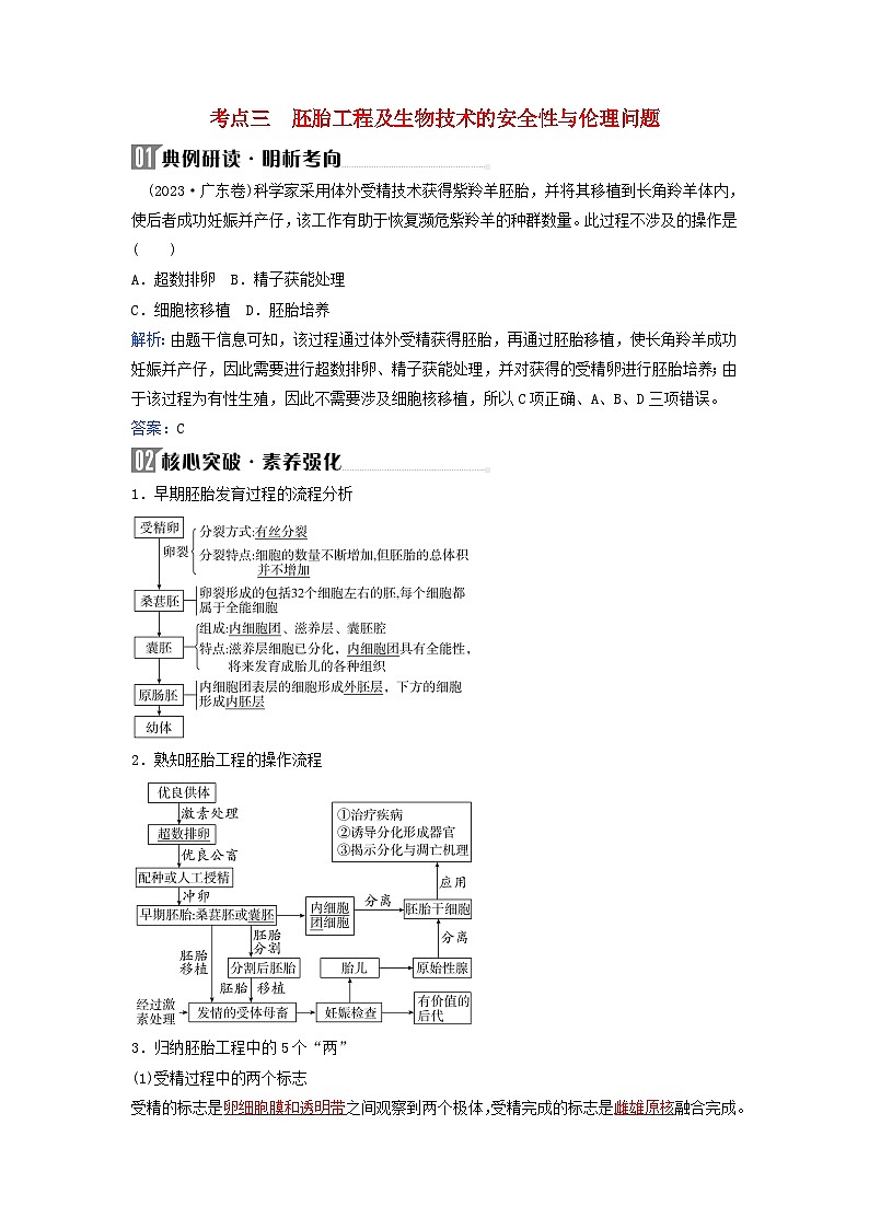 2024届高考生物二轮专题复习与测试专题九生物技术与工程第16讲细胞工程及生物技术的安全性与伦理问题考点三胚胎工程及生物技术的安全性与伦理问题01