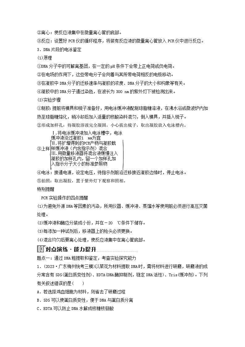 2024届高考生物二轮专题复习与测试专题九生物技术与工程第17讲基因工程考点二DNA的粗提取与鉴定DNA片段的扩增及电泳鉴定02