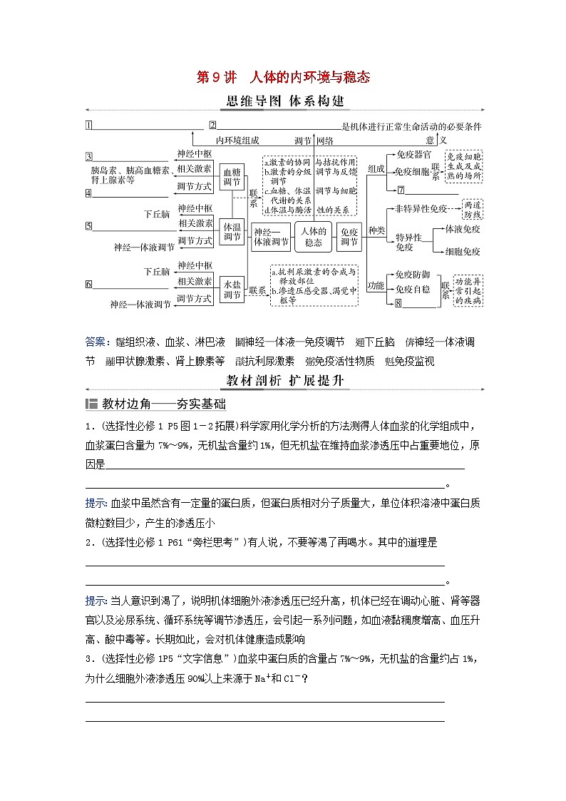 2024届高考生物二轮专题复习与测试专题六个体稳态的维持__调节第9讲人体的内环境与稳态考点一人体的内环境及稳态第1页