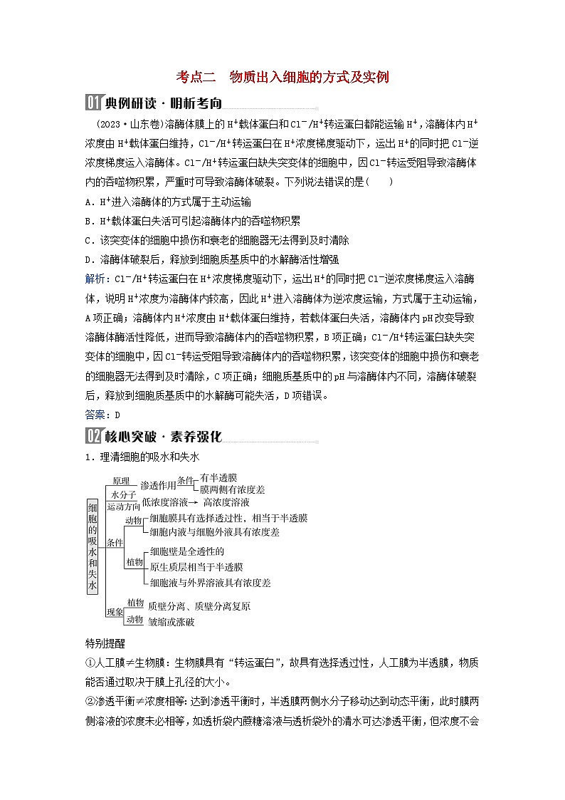 2024届高考生物二轮专题复习与测试专题一细胞的基本组成和物质运输第2讲细胞的基本结构和物质运输考点二物质出入细胞的方式及实例01