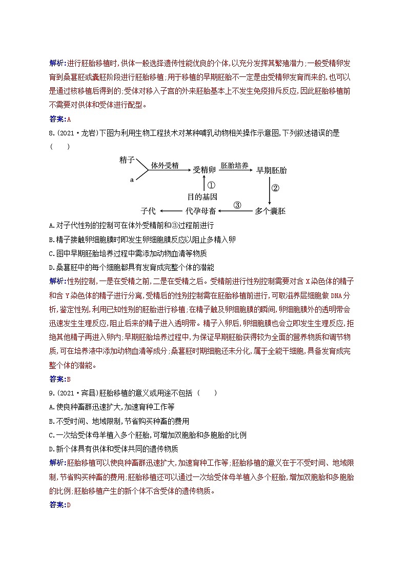 新教材同步辅导2023年高中生物第2章细胞工程第3节胚胎工程第2课时胚胎工程技术及其应用同步练习新人教版选择性必修303