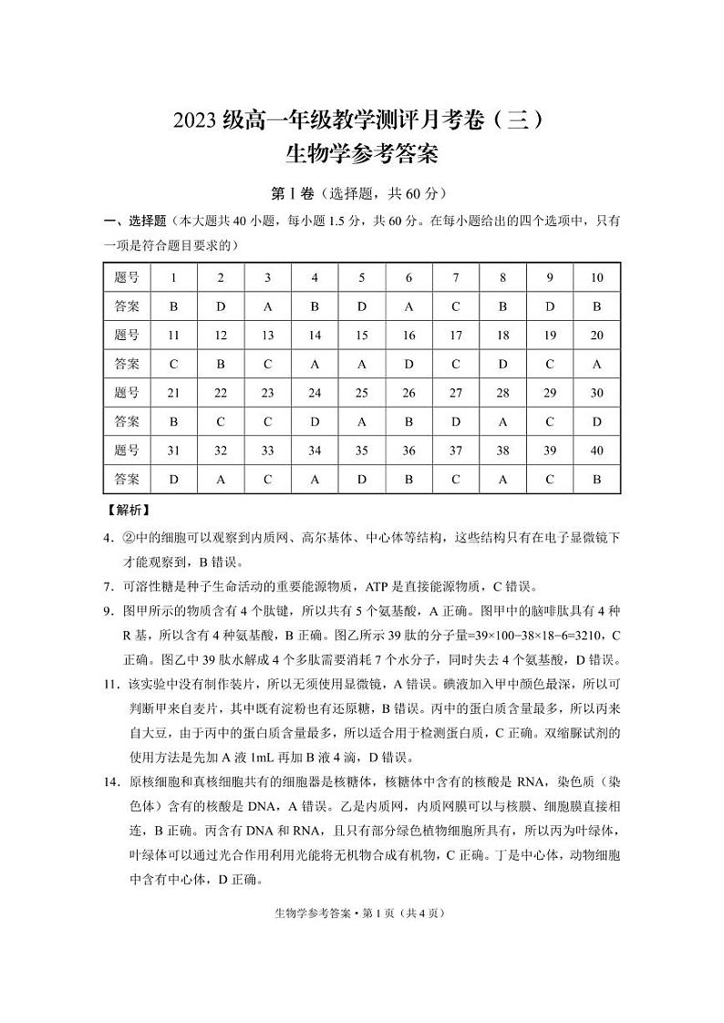 2024云南师大附中高一上学期教学测评月考（三）生物PDF版含答案01