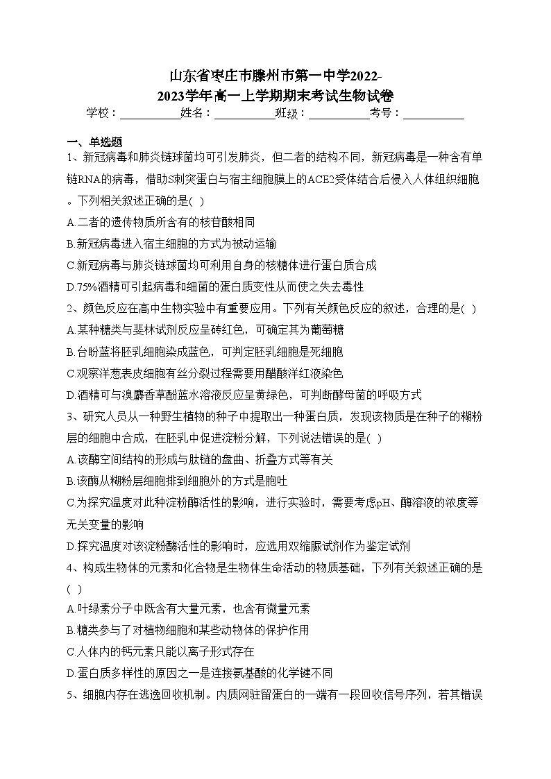 山东省枣庄市滕州市第一中学2022-2023学年高一上学期期末考试生物试卷(含答案)01
