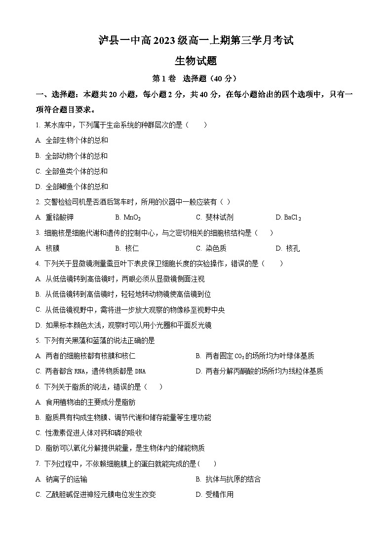 2024泸县一中高一上学期12月月考生物试题含解析01