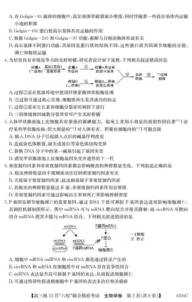 广东省六校（清中、河中、北中、惠中、阳中、茂中）2023-2024学年高三上学期12月联合摸底考试生物试题02