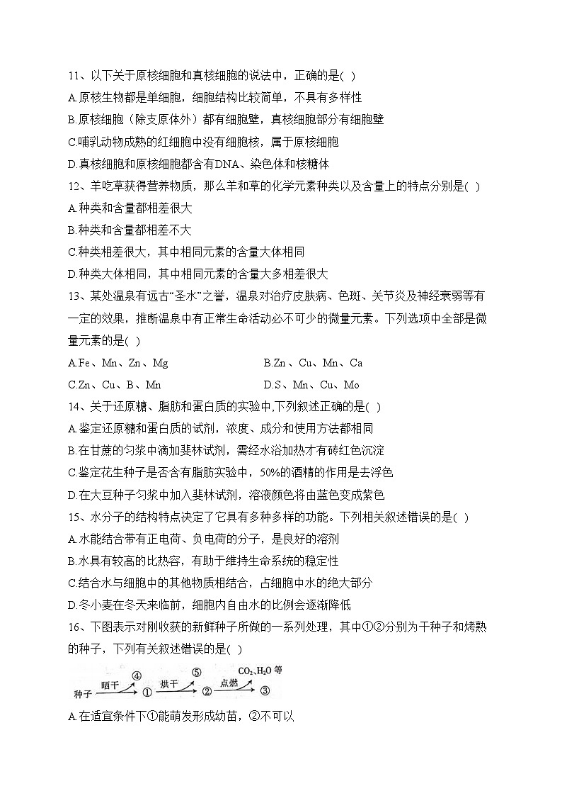 四川省内江市第六中学2023-2024学年高一上学期第一次月考生物试卷(含答案)03