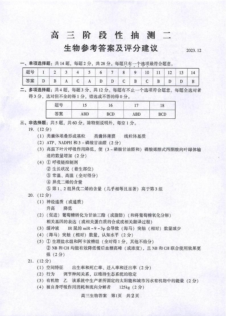 【江苏卷】江苏省常熟市2023-2024学年高三上学期阶段性抽测二生物01