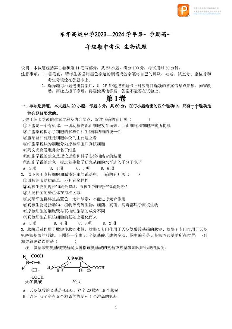 广东省东莞市东华高级中学2023-2024学年高一上学期11月期中考试 生物第1页