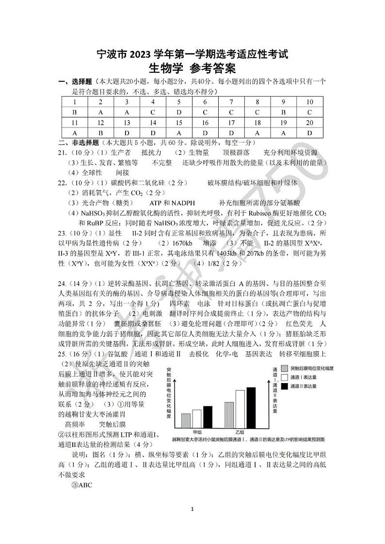 2024届浙江省宁波市高三上学期高考模拟考试生物试题及参考答案01