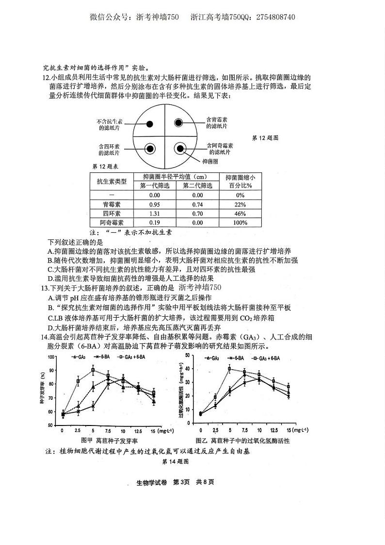 2024届浙江省宁波市高三上学期高考模拟考试生物试题及参考答案03