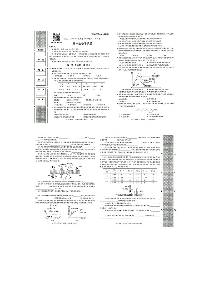 陕西省榆林市第十中学2023-2024学年高一上学期第二次月考生物试卷01