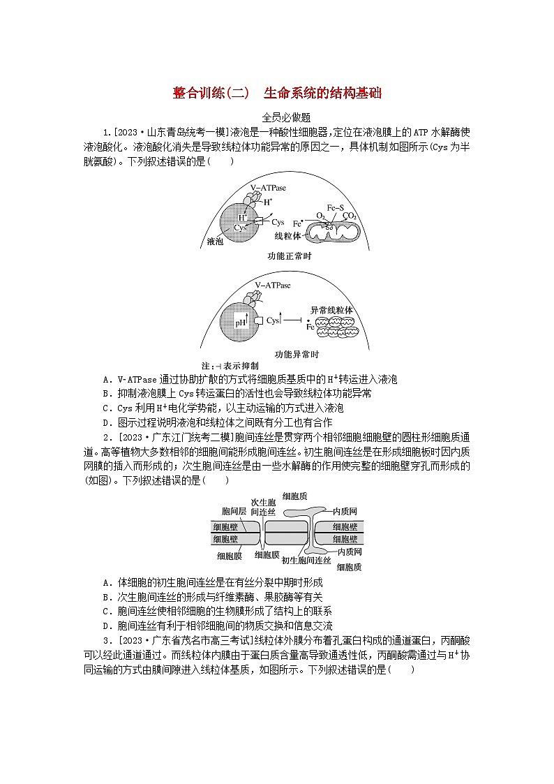 新教材2024高考生物二轮专题复习整合训练2生命系统的结构基础第1页