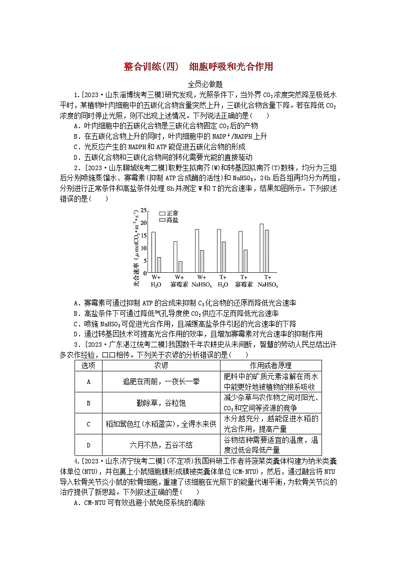 新教材2024高考生物二轮专题复习整合训练4细胞呼吸和光合作用第1页