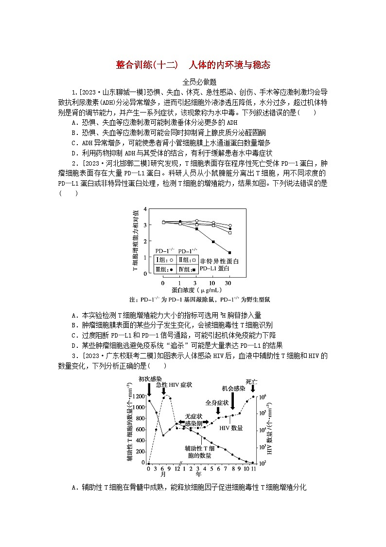 新教材2024高考生物二轮专题复习整合训练12人体的内环境与稳态第1页